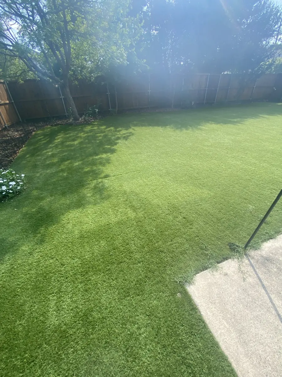 Second finished view of a large residential artificial turf lawn after cleaning in McKinney, Texas