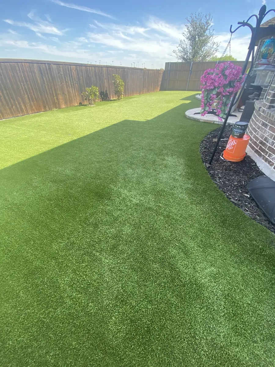 Wide finished view of a 1,600-square-foot residential artificial turf lawn after cleaning in Prosper, Texas