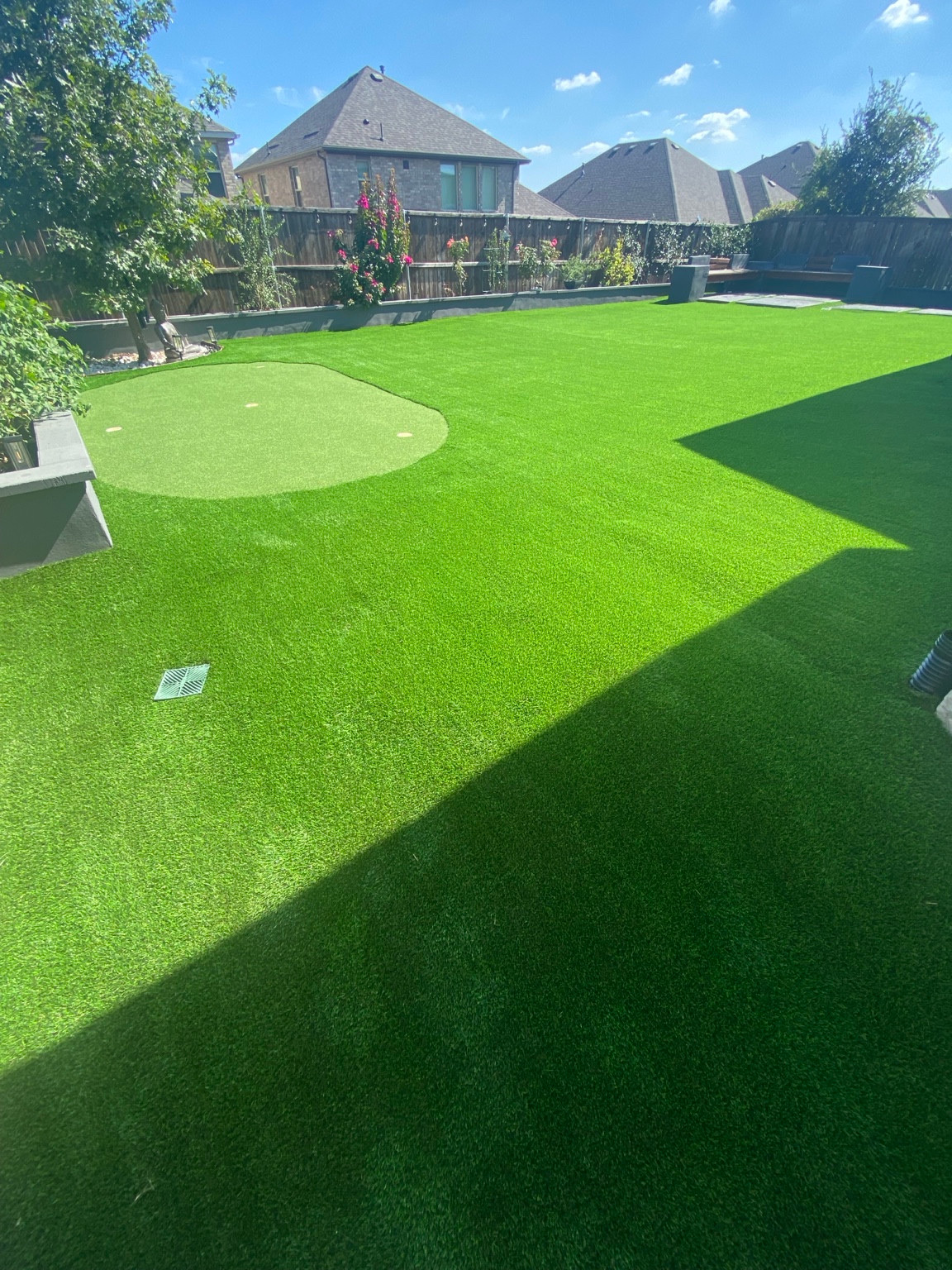 Finished artificial turf and putting green from a completed 2,000-square-foot cleaning in Celina, Texas