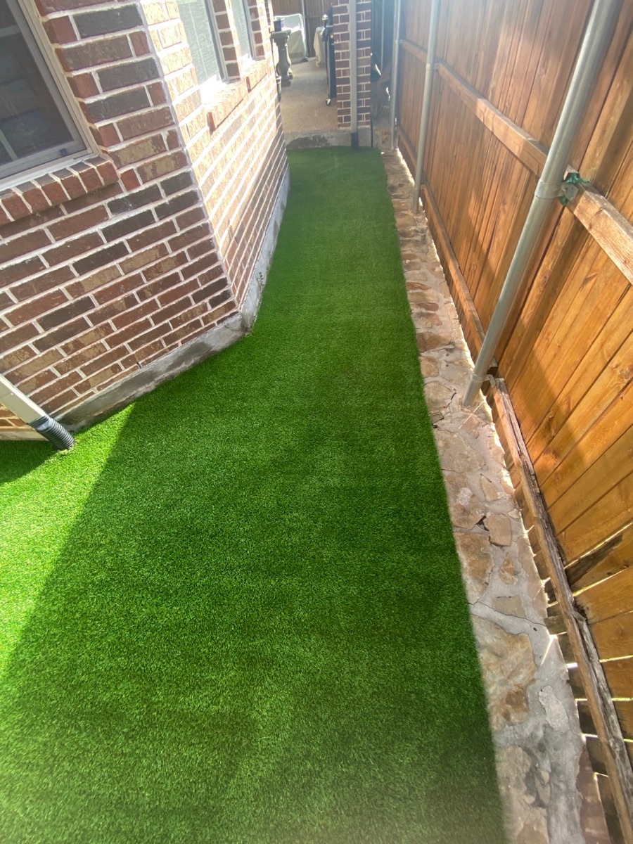 Second finished side-yard view after a 500-square-foot residential turf cleaning in Lewisville, Texas