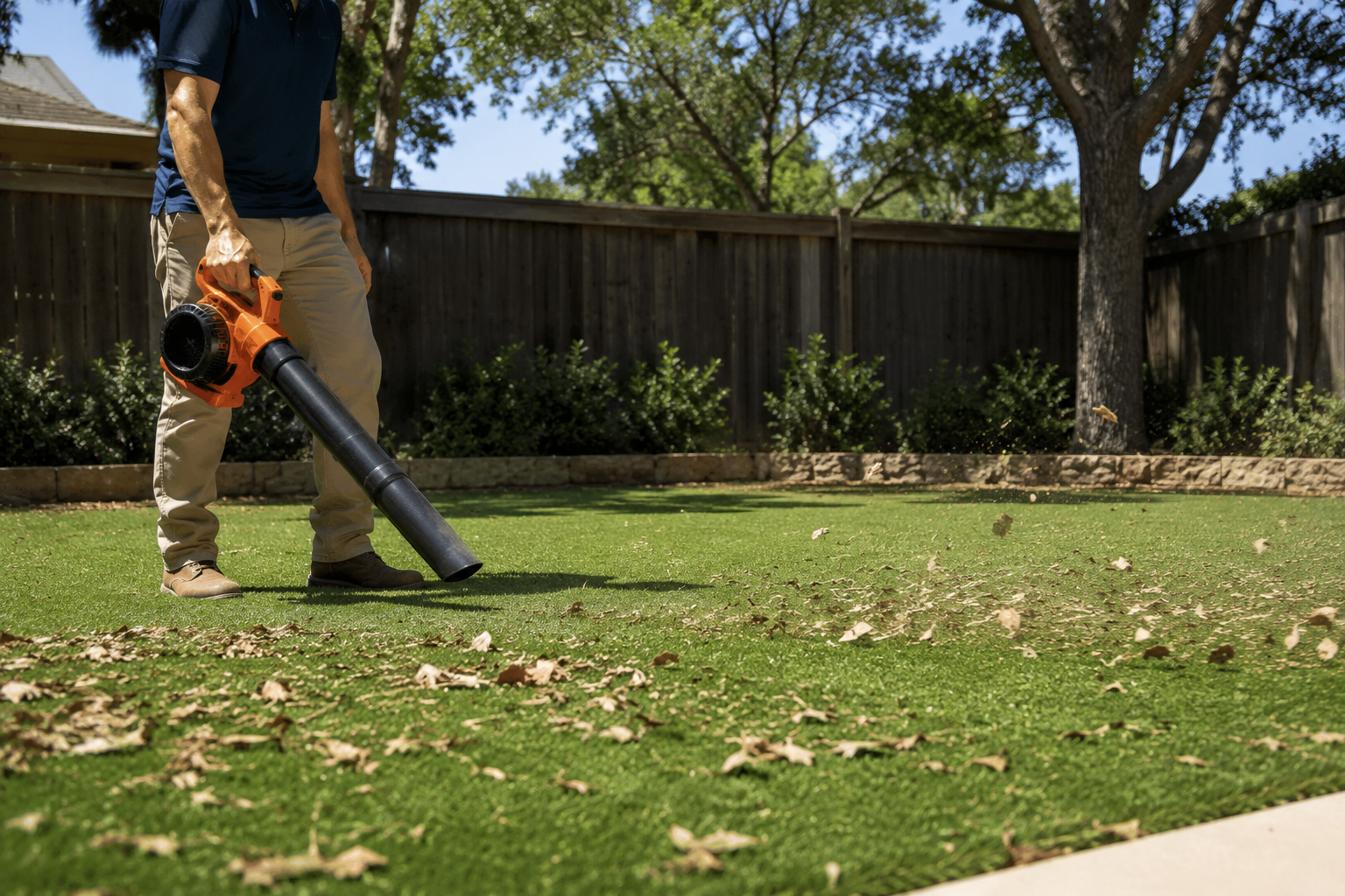 Technician using a leaf blower to remove debris from artificial turf