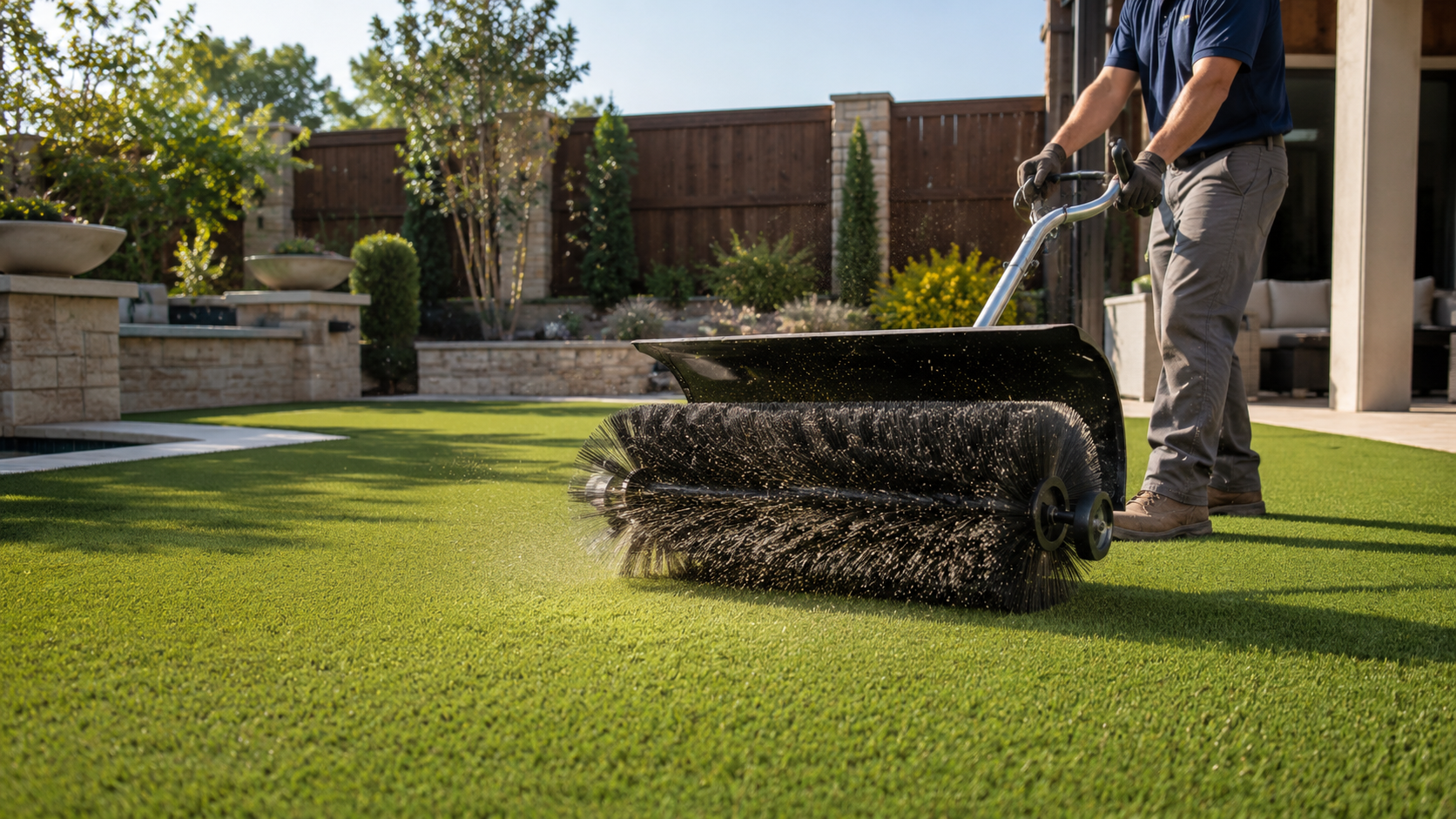 Professional technician grooming artificial turf in a DFW backyard