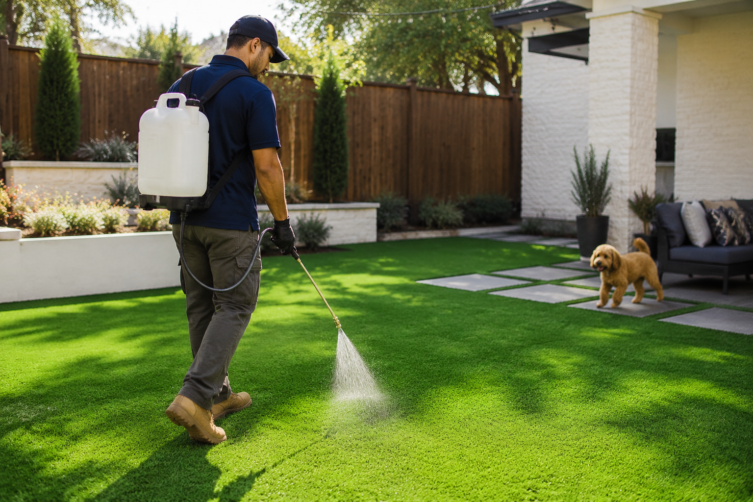 Technician applying pet-safe treatment to artificial turf
